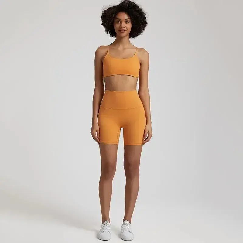 Lemon-Legging court taille haute et soutien-gorge croisé de yoga pour femme, ensemble d'entraînement sportif avec coussin de poitrine, 2 pièces