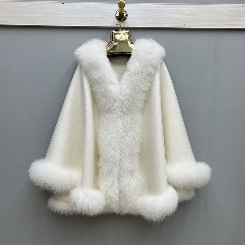 Jaqueta de cardigã quente feminina com gola de pele de raposa real, ponchos, capa, outwear, casacos femininos, 100% lã, outono, inverno, 2023