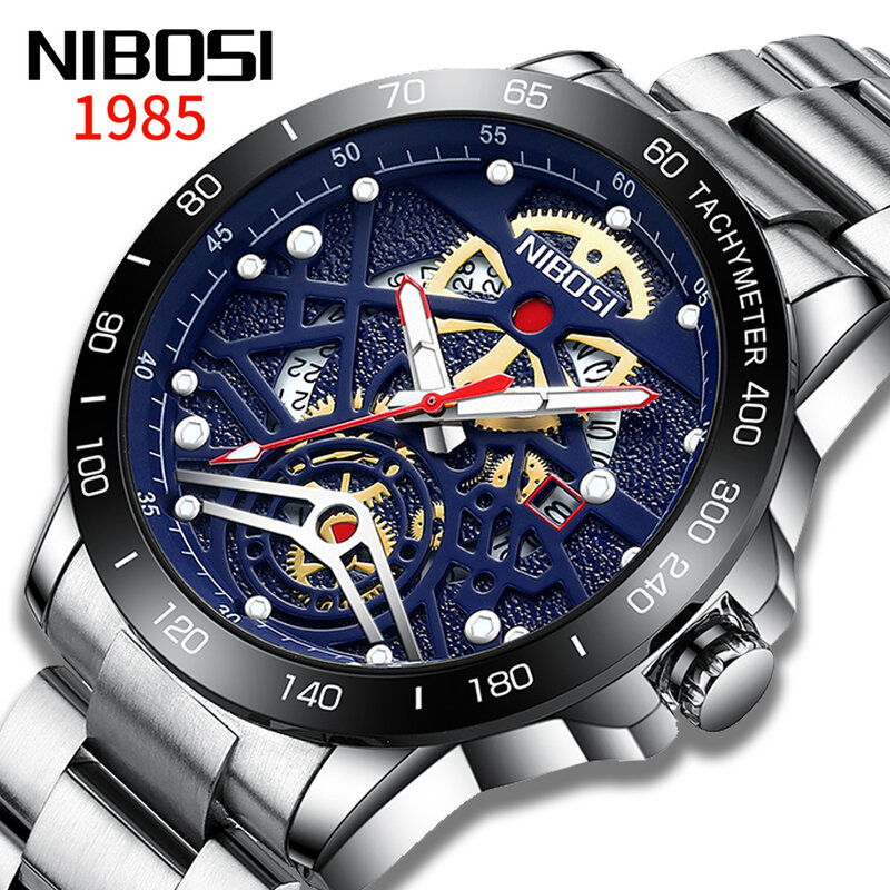 NIBOSI-Montre-bracelet à quartz en acier inoxydable pour homme, montres de sport de luxe, calendrier Shoous Business, montre décontractée pour homme, Reloj zones bre