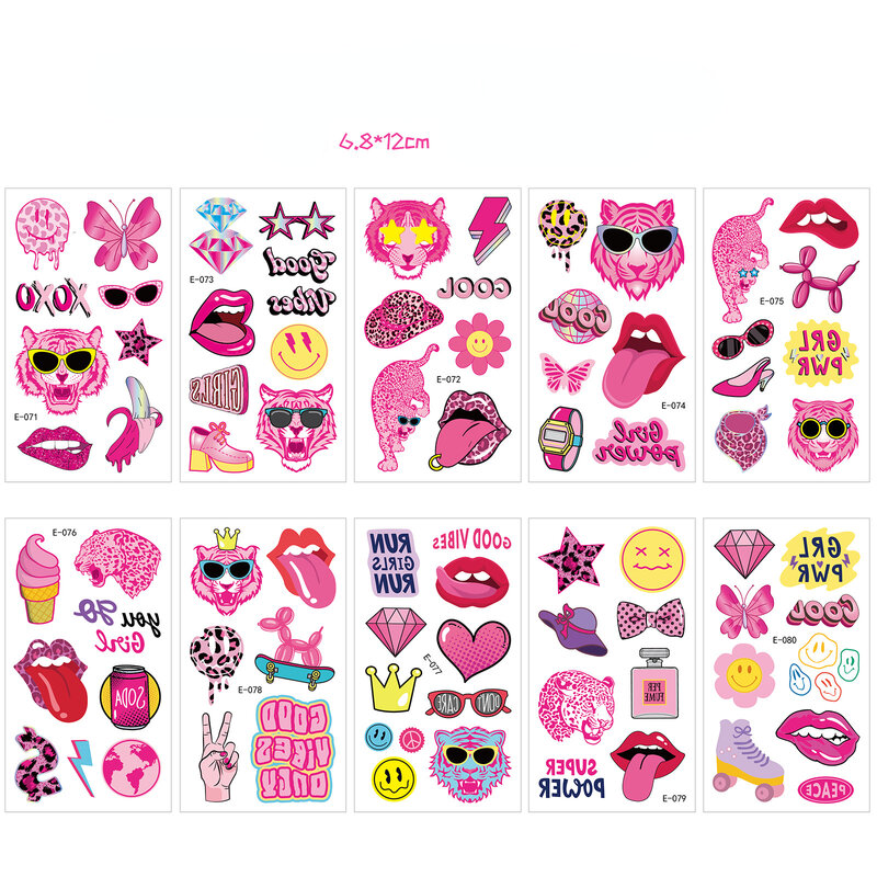 레트로 파티 호의 핑크 소녀 생일 파티 임시 문신, 하이힐 자동차 모자 문신 스티커, 핑크 테마 장식