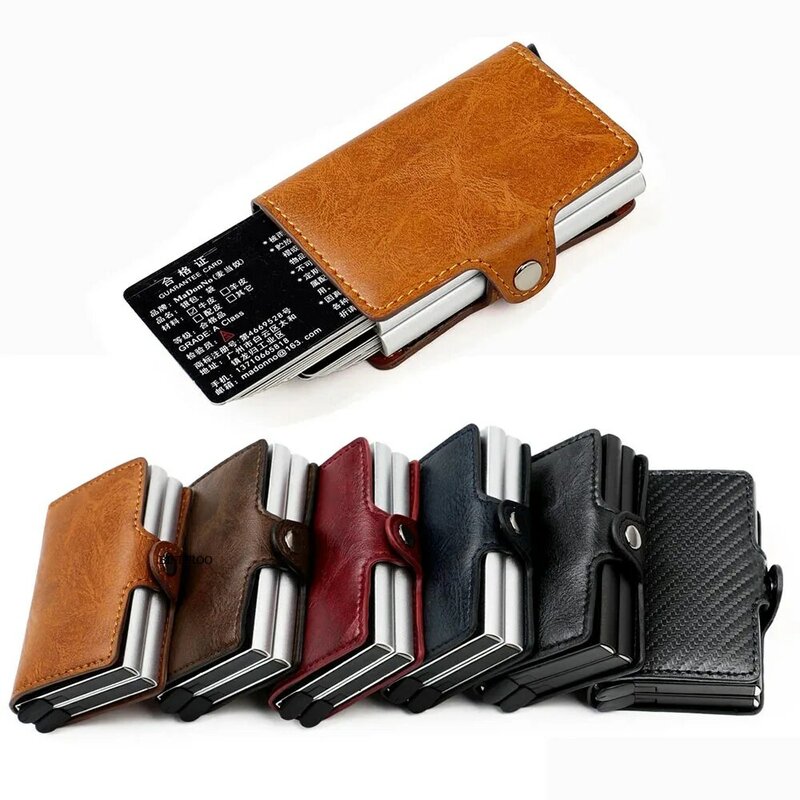 맞춤형 이름 RFID 차단 남성용 신용카드 홀더 가죽 지갑, 은행 카드 지갑, 이중 금속 자동 ID 카드 홀더 지갑