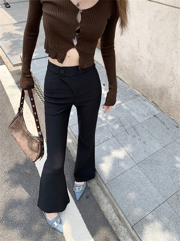 Arazooyi czarna wysoka rozciągliwość damska spodnie Flare casualowa damska biurowa jesienna moda uliczna 2023 minimalistyczna pasująca na co dzień szczupła