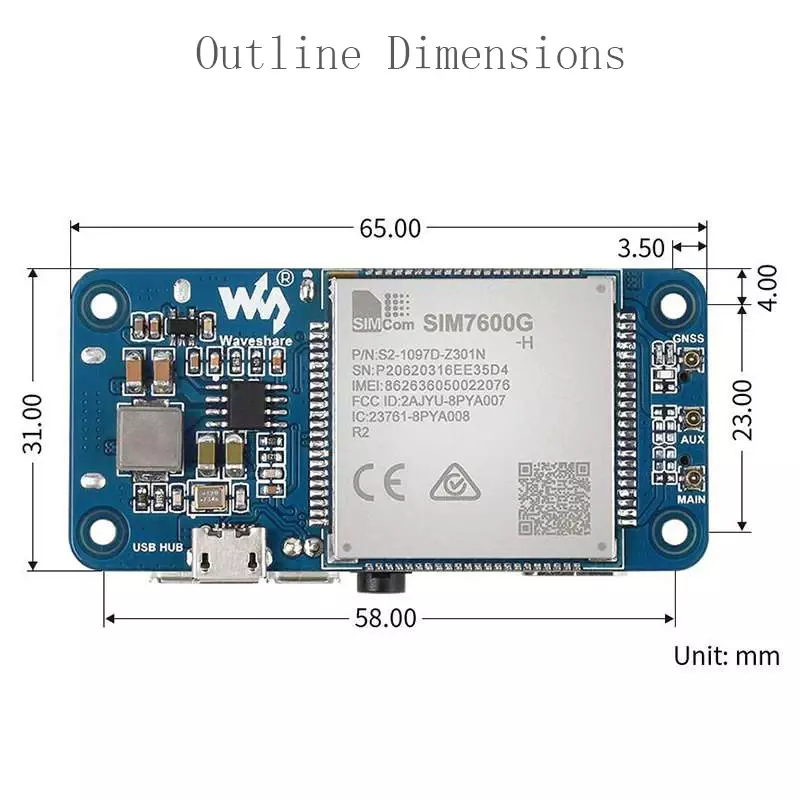 Waveshare SIM7600G-H 4G Hoed (B) Voor Raspberry Pi Globale Band Lte Cat-4 4G / 3G / 2G Ondersteuning Met Gnss Positionering