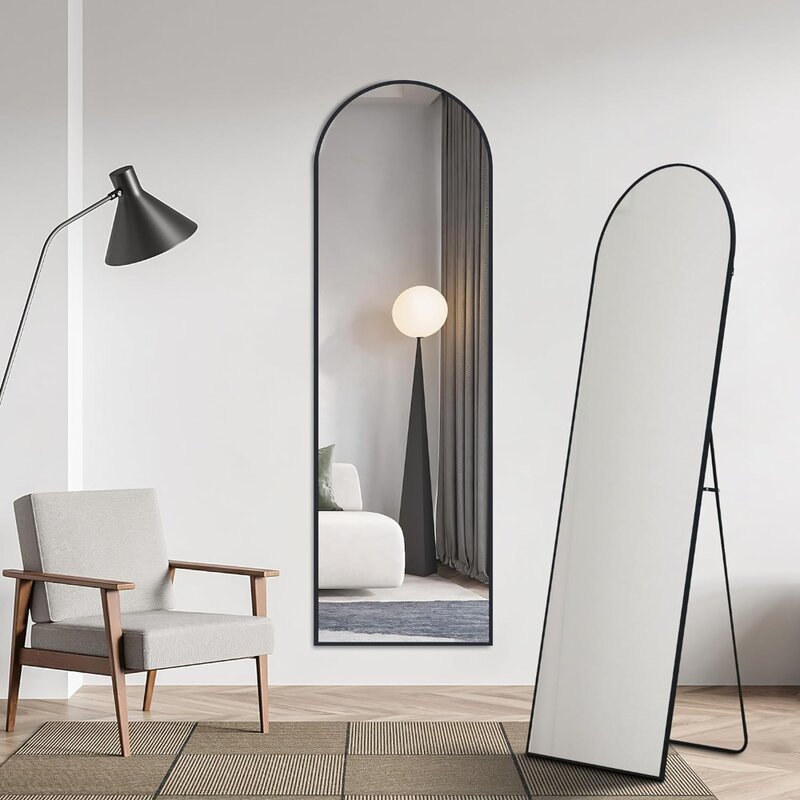Specchi ad arco a figura intera da 24 "x 65", specchio a tutta massa, specchio da pavimento nero con cornice in metallo spazzolato
