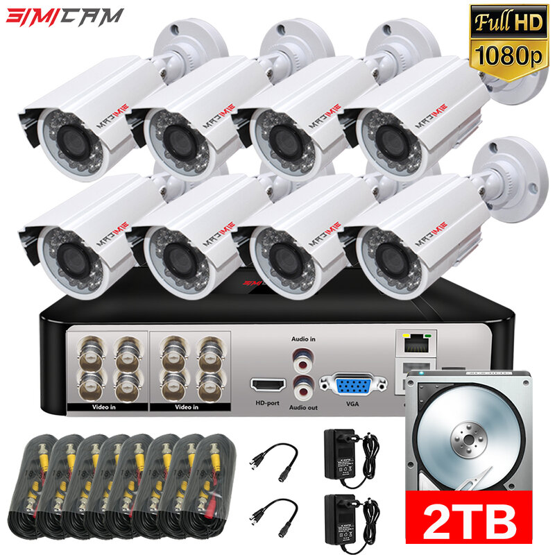 Kit de cámara de vigilancia de vídeo HD, 8 canales, 1080P, AHD 2/4/6/8 piezas, visión nocturna de seguridad impermeable con alarma, P2P, Xmeye App, ver por móvil