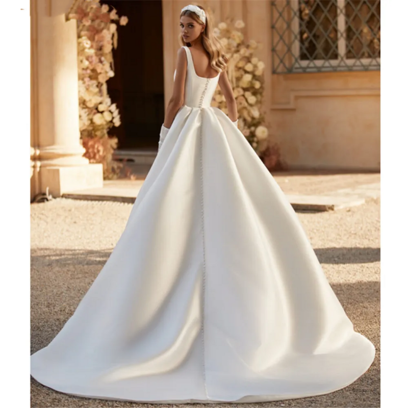Flavinke-فساتين زفاف ساتان عاجي على شكل حرف a ، رقبة مربعة ، فتحة أمامية فساتين زفاف ، زر مغطي ، رائع