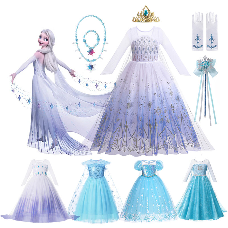 Gaun putri Disney Elsa, pakaian Cosplay Salju Ratu Frozen putih berpayet untuk anak perempuan
