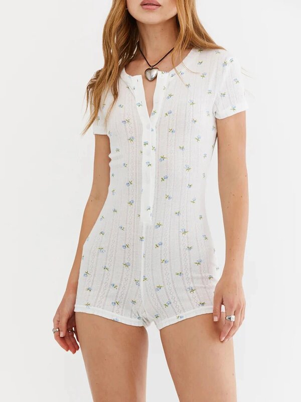Pijama curto de verão feminino, macacão floral, mangas curtas, botão para cima, ajuste fino para casa, monocromático