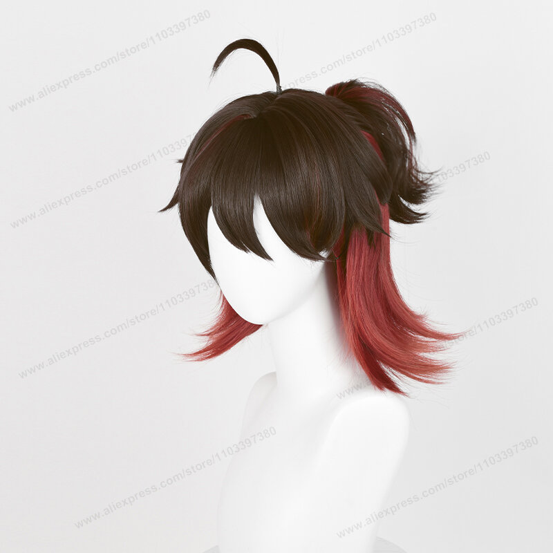 Wig Cosplay Gaming 35cm, Wig pendek dengan ekor kuda rambut coklat Anime Wig sintetis tahan panas