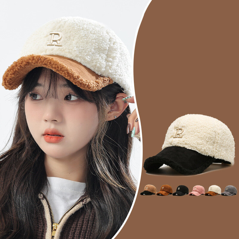 남녀공용 양털 야구 모자, 큰 글자 자수, 커플 스타일, 따뜻하고 두꺼운 플러시 모자, 유행 겨울