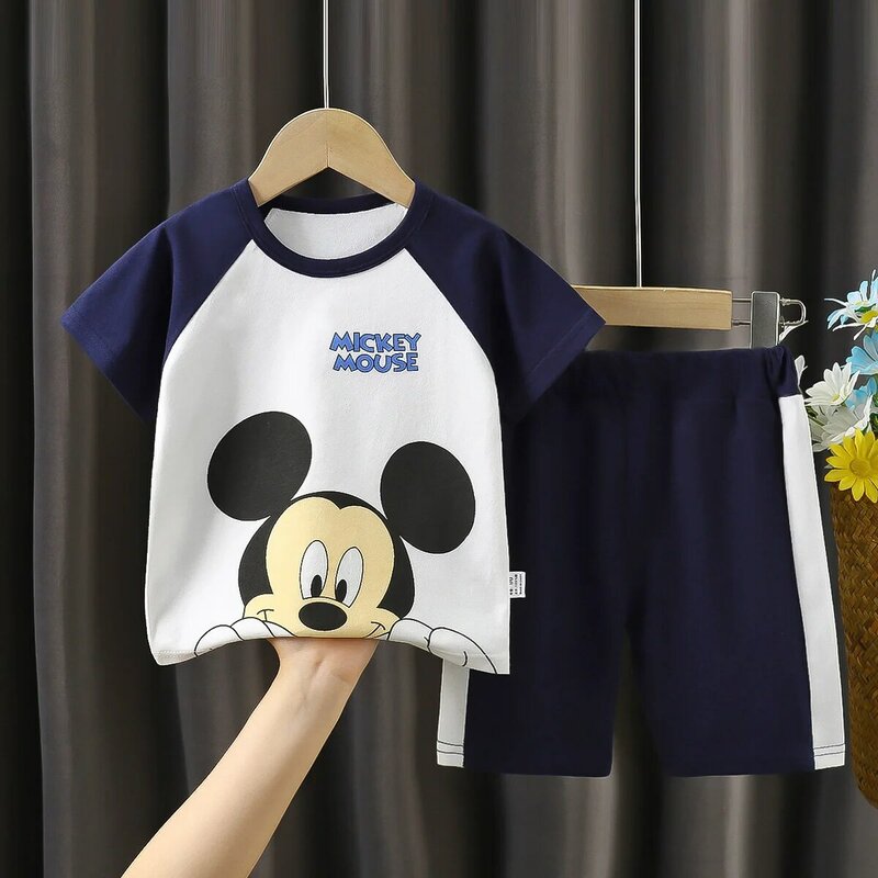 2 buah/set pakaian bayi musim panas Mickey baju olahraga anak-anak T-shirt lengan pendek anak perempuan anak laki-laki kaus + celana pendek pakaian Disney usia 1-4