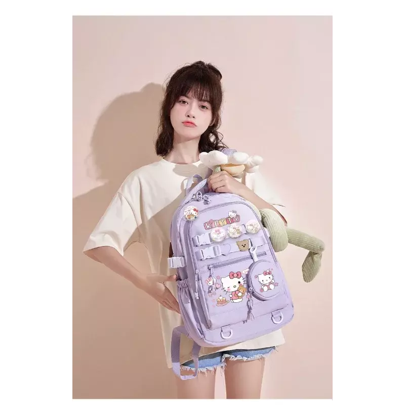 Bolsa escolar Sanrio Hello Kitty, desenho animado bonito, grande capacidade, leve, almofada de ombro, mochila universitária masculina e feminina, nova