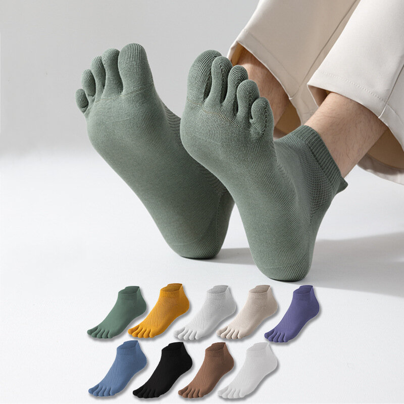 Fashion Summer Men's Split Toe Socks Solid Color Soft Mesh Breathable Cotton Five-Finger Boat Socks Outdoor Sports Short  Socks