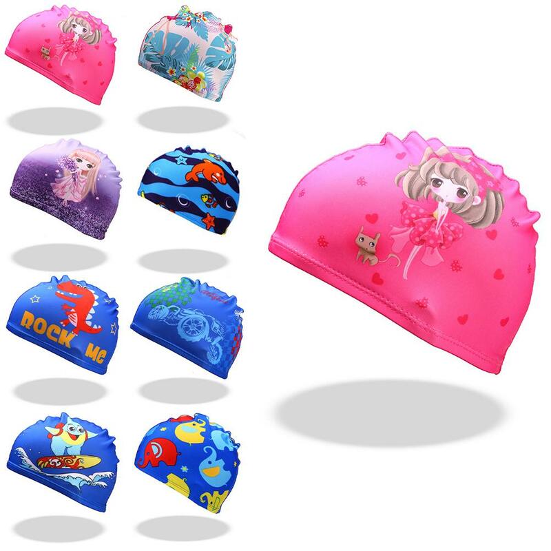Desenhos animados bonés de natação para meninos e meninas, High Elastic Sports Hat para crianças, Piscina de natação protege orelhas, Impressão digital, banho, mergulho chapéus
