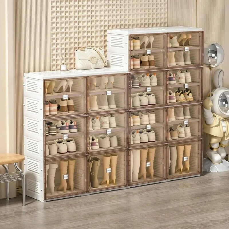 Zapatero plegable, caja de almacenamiento fácil de montar para armario, pasillo, armario de zapatos de plástico blanco portátil