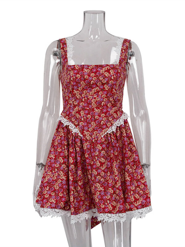 Tossy-Mini vestido floral sem costas feminino, cintura alta, elegante estampa patchwork, sem mangas, alça de renda, sexy, elegante