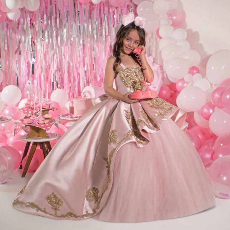Vestido de baile rosa frisado para meninas, vestidos com lantejoulas, princesa flor, apliques, vestido de cetim