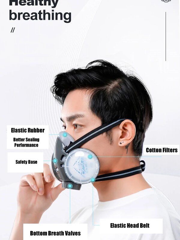 Máscara de media cara antipolvo, gafas de seguridad, 10 filtros, filtros duales KN95, máscara a prueba de polvo, respirador para constructor de carpintero, pulido seguro