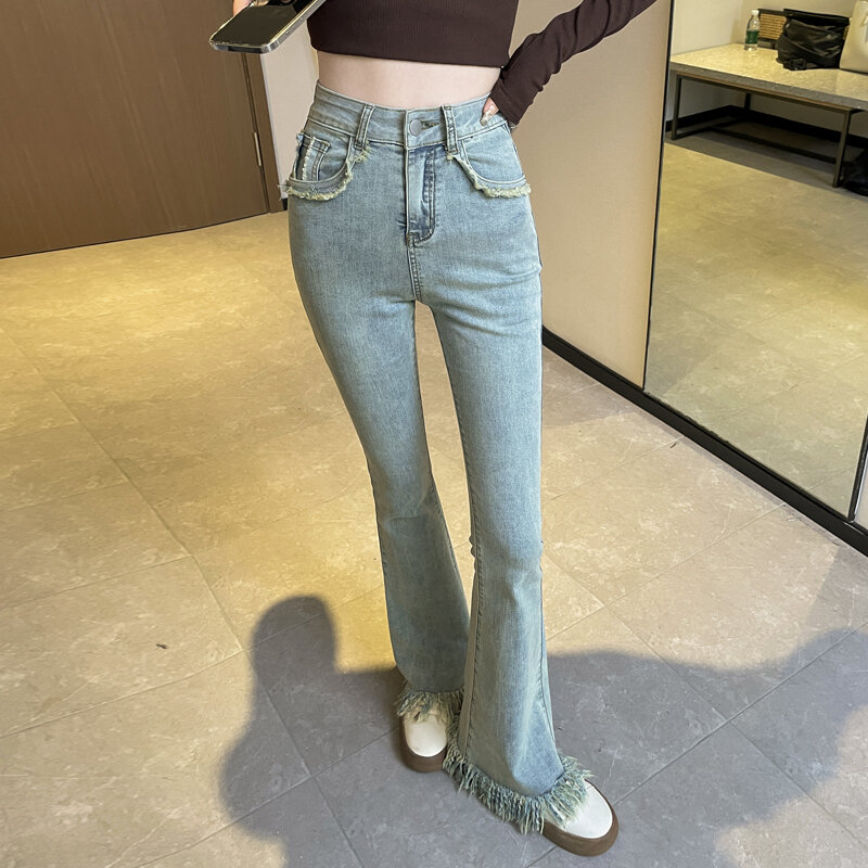 Retro Jeans Women's Slim Fit Autumn New High Waist Y2k Raw Edge Thin Jeans Tassel Mopping Flared Pants Street Free Shipping