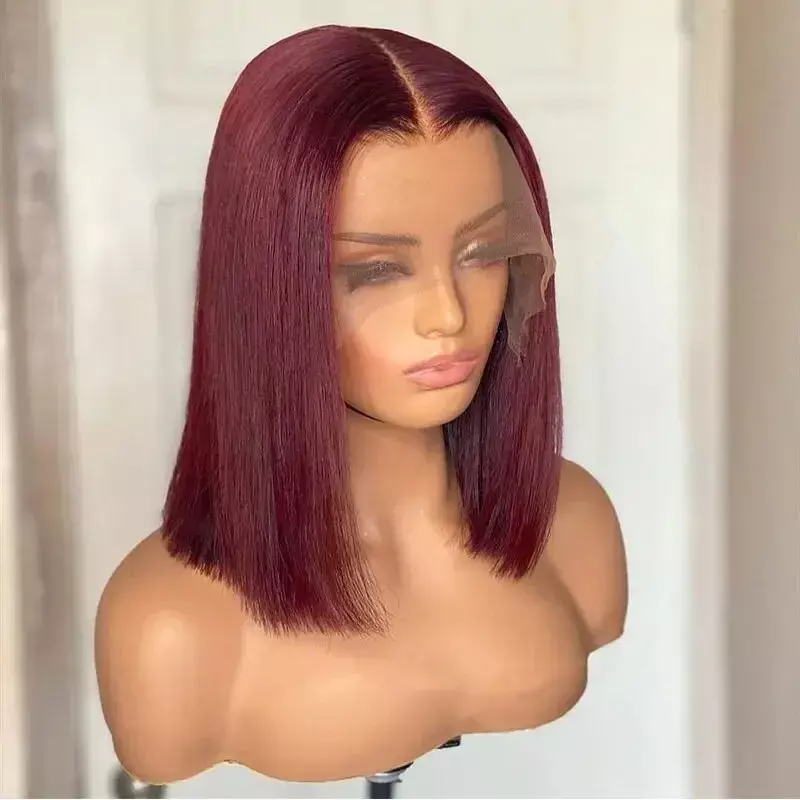 Peluca de cabello humano sintético para mujer negra, pelo corto Bob 13x4 99J, Color rojo oscuro Borgoña, Frontal completo, corte Romo, hueso recto