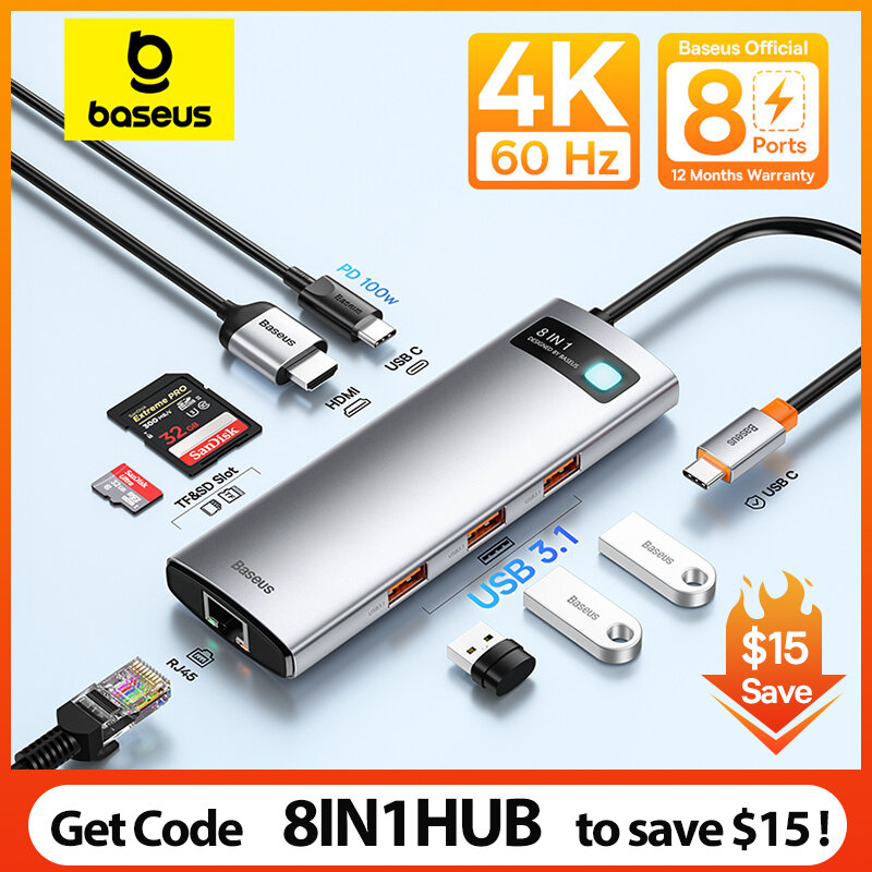 Baseus-concentrador de red USB 3,1 tipo C a HDMI, estación de acoplamiento para MacBook, 10gbps, RJ45, puerto Ethernet, TF, SD