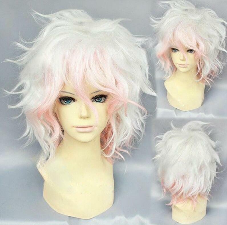 Danganronpa Dangan Ronpa Nagito Komaeda-peluca rizada corta blanca mixta rosa, pelucas de cabello sintético resistentes al calor