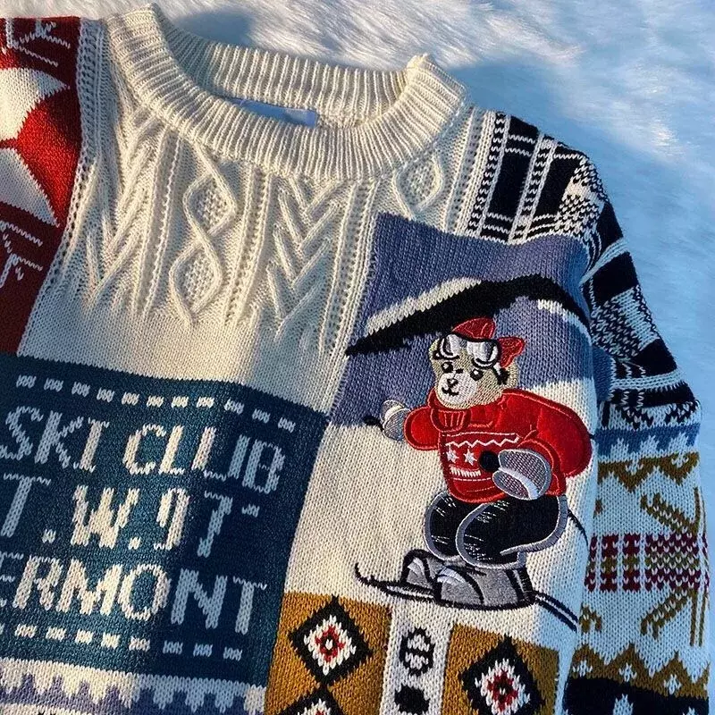 Suéter de oso retro de viento de Navidad, ropa de lana, holgada, estilo callejero, Y2K, Otoño e Invierno