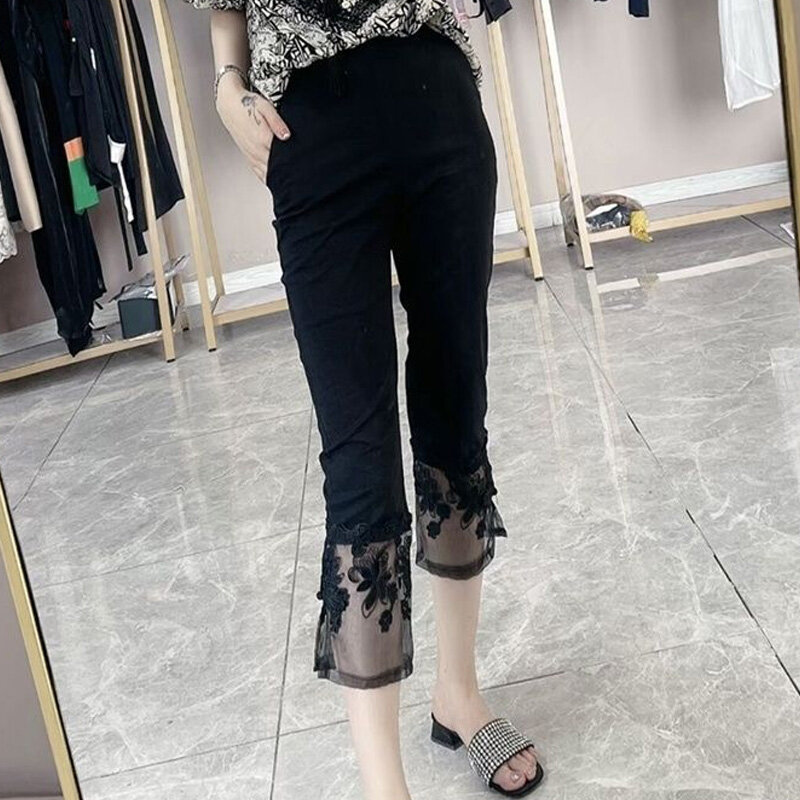 Solid Color Thin Slim Ladies Pencil Summer Fashion Patchwork Lace Hollow Out High Waist Women's Clothing Black Calf-Length Pants