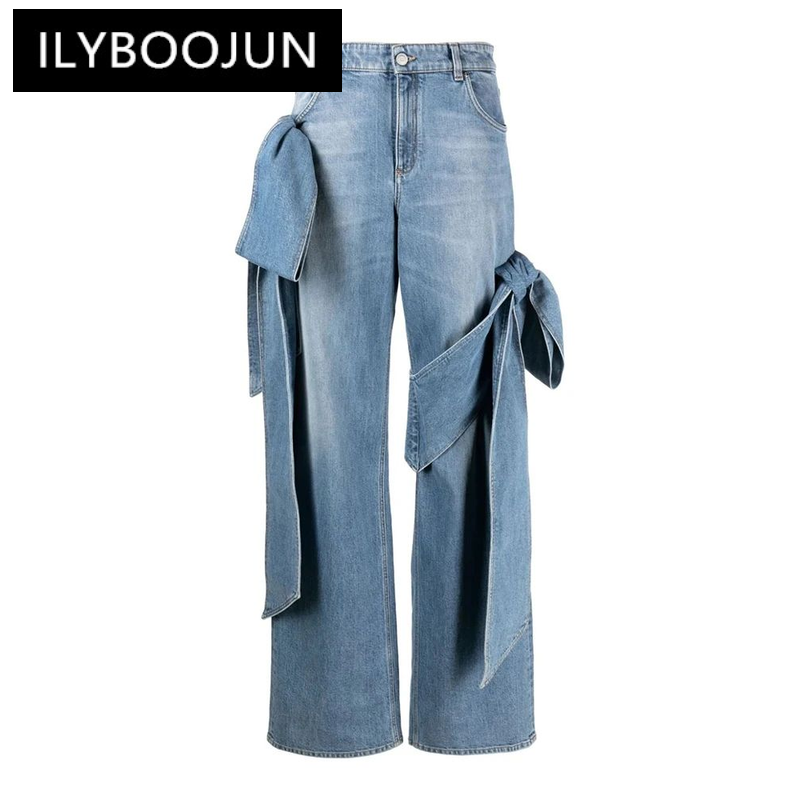 Gespleißte Bowknot Casual Jeans für Frauen Patchwork-Taschen mit hoher Taille Streetwear Denim Straight Pants Damenmode Kleidung