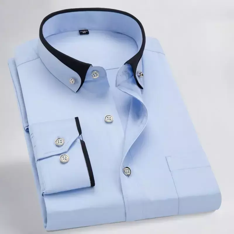 Fashionable Men's Dress Shirt Business Casual Slim-Fit Long Sleeve Double Collar Breathable Korean Formal Wear Shirts for Men