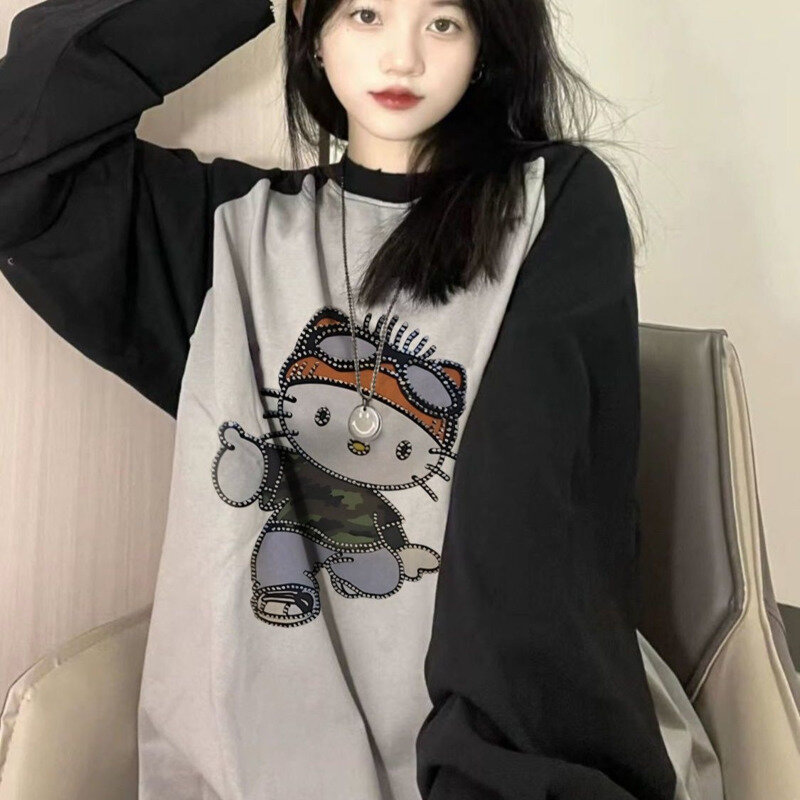 Aoger Hello Kitty Y2k Tee Women Long Sleeve Korean Fashion T-shirt Hip Hop Street Girls T-shirt Tops Causal Women Clothes