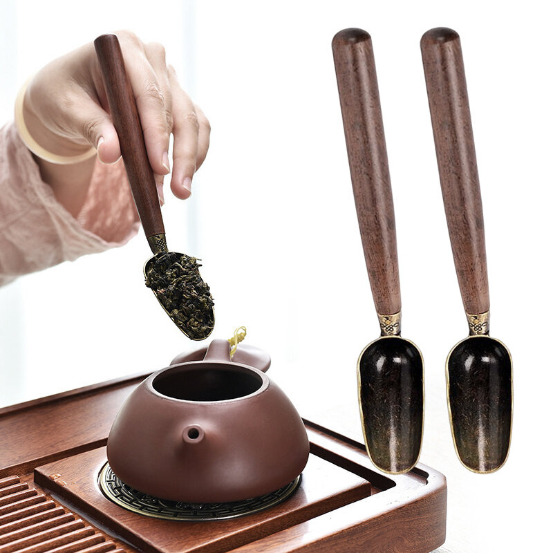 1 buah sendok teh eboni Vintage, sendok teh logam/pegangan kayu Solid Retro kreatif, sekop teh KongFu, aksesori sendok teh hadiah