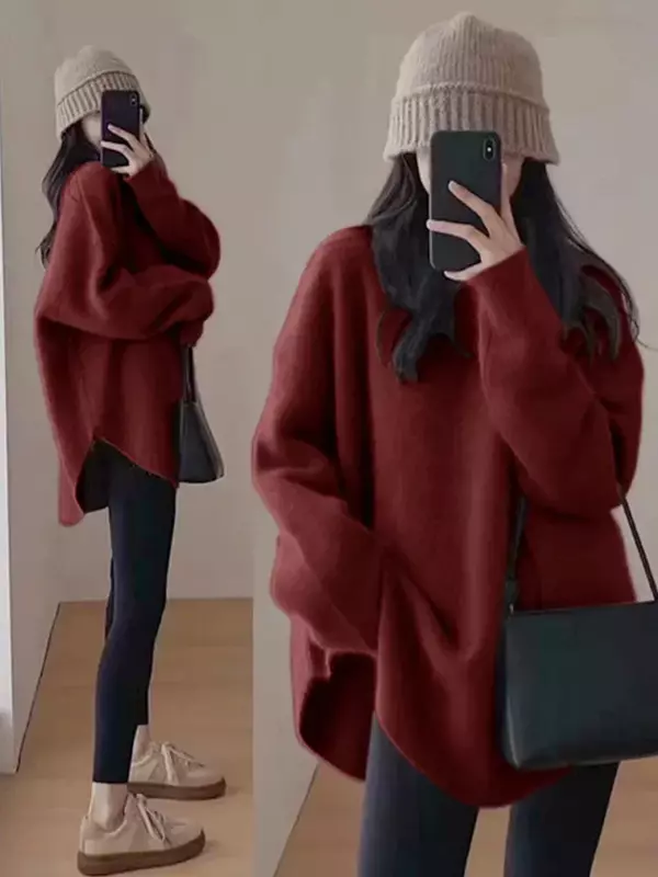 Женский свитер оверсайз с длинным рукавом, осенне-зимний пуловер в Корейском стиле