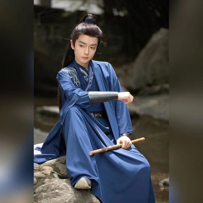Roupas chinesas tradicionais hanfu para homens, roupas tradicionais chinesas, cosplay Song Dynasty, preto e azul