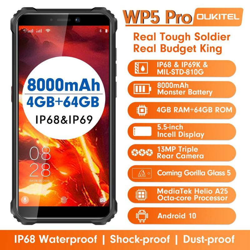 OUKITEL WP5 프로 견고한 스마트폰, IP68, 4GB, 64GB, 8000mAh, 5.5 인치 HD + 옥타 코어, 안드로이드 10 휴대폰, 13MP 트리플 카메라 휴대폰