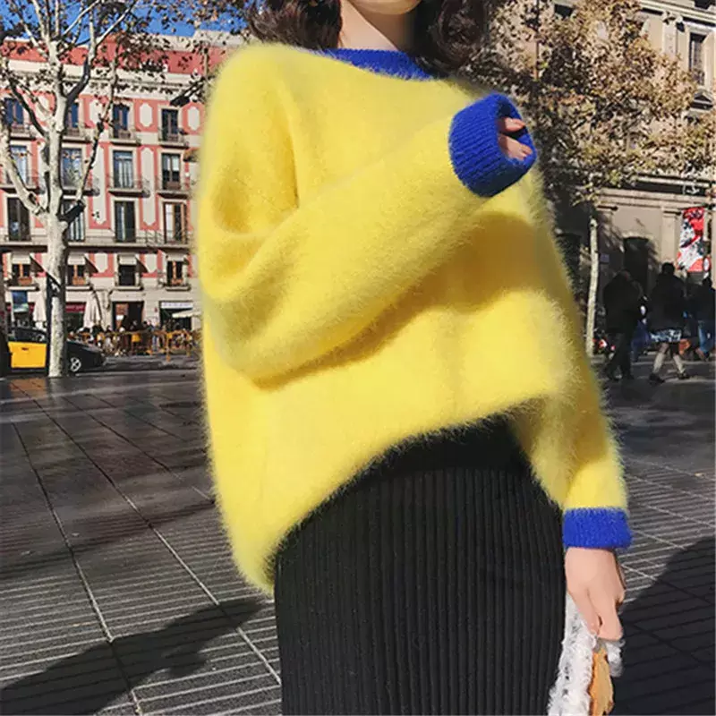 Mink kasmir pulover panjang lembut wanita, atasan Sweater hangat longgar rajut tebal Mohair musim gugur musim dingin elegan warna biru kuning