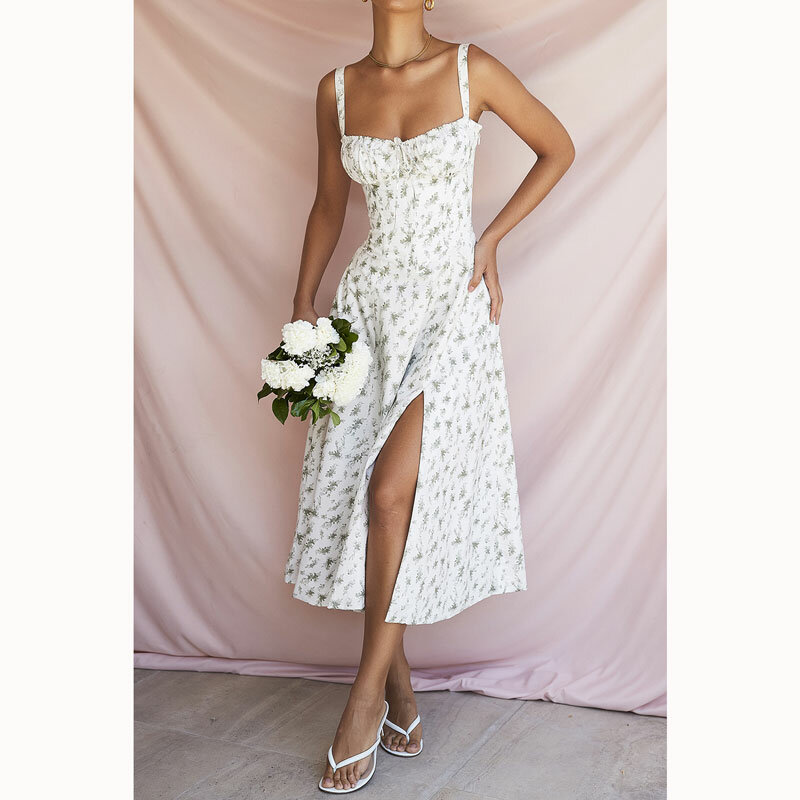 SKMY 2023 Summer Women's Dress Backless Holiday Style Polyester Europe And America Floral Lace Up High Slit Slip SUM5287A