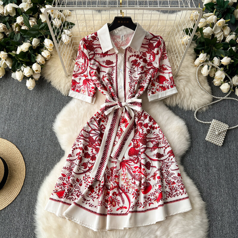 Vestido de vendaje estampado de manga larga con solapa para mujer, elegante vestido Vintage francés, moda de primavera y verano