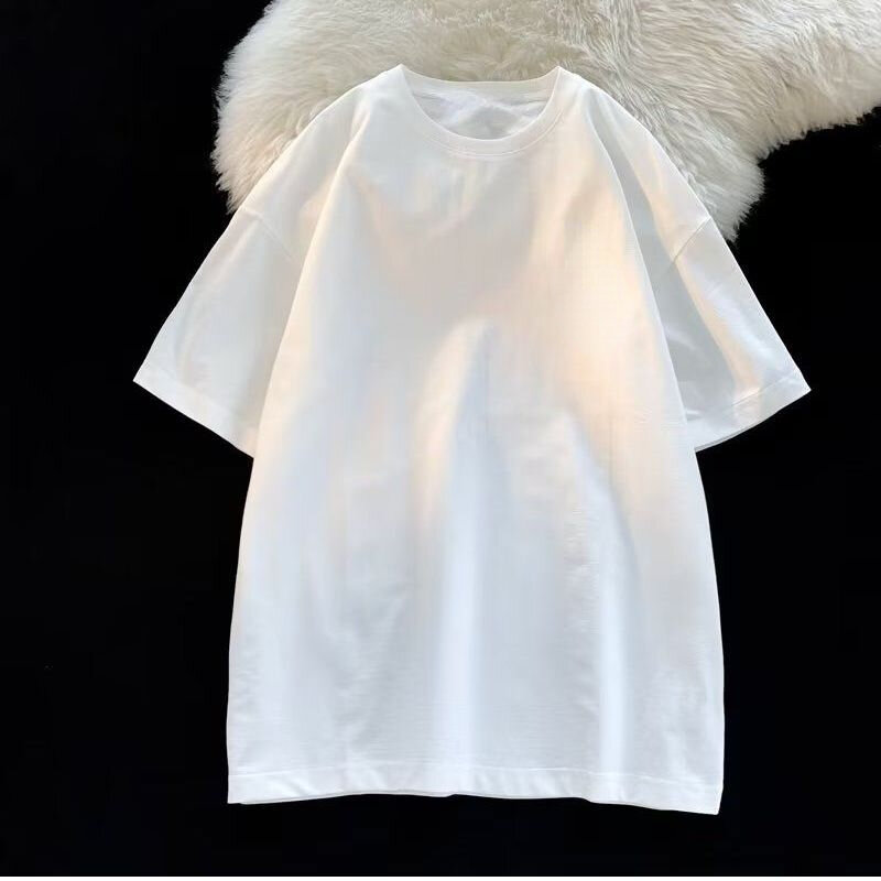 Camiseta de manga curta de algodão puro feminino, gola redonda, base grossa, solta, cor sólida, camada interna, meia manga, roupa de entrada, verão