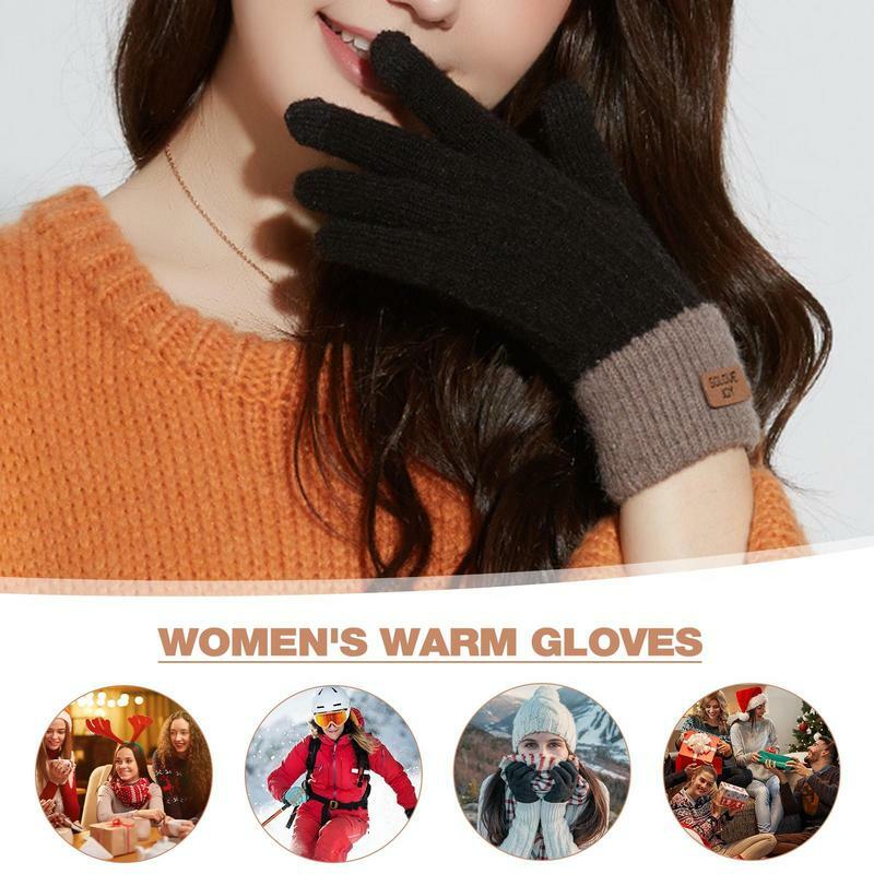 Теплые перчатки для женщин, Классические тянущиеся ветрозащитные варежки с пальцами для сенсорного экрана, ветрозащитные вязаные варежки, теплые эластичные варежки