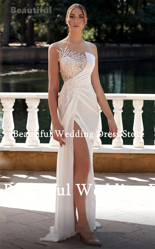 Платье женское свадебное без бретелек, пикантное пляжное с аппликацией из бисера, с юбкой годе, платье невесты для свадебной вечеринки