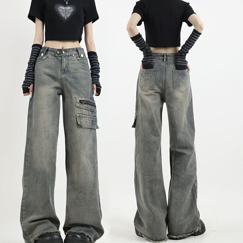 Джинсы женские с открытой промежностью, невидимая рабочая одежда в стиле ретро, свободные прямые штаны с завышенной талией и широкими штанинами, для отдыха на открытом воздухе