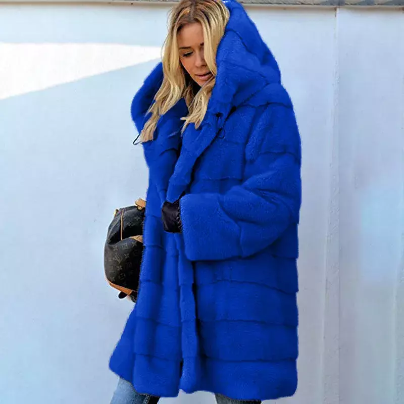 Średniej długości jednolity kolor luźny kaptur pluszowy futro jesienno-zimowy ciepły płaszcz