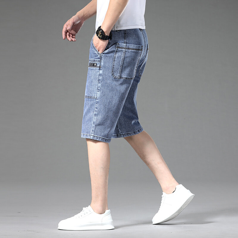 Summer Fashion Men's Denim Shorts Multiple Pockets Elastic Cotton Casual Straight Knee Cargo Pants High Quality Clothes 36 38 40
