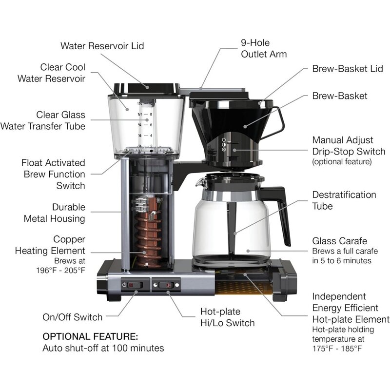 Kaffee maschinen, manuell einstellbarer Tropfstopp-Brühkorb mit Glaska raffe, gebürstetes Silber, 6.5 "d x 12.75" w x 14 "h, Kaffee maschinen
