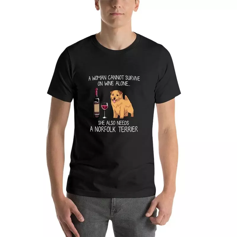노퍽 테리어와 와인 재미있는 강아지 티셔츠, 카와이 의류, 일반 남성 코튼 티셔츠