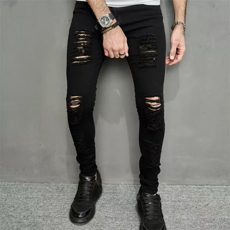 Jeans preto e magro com furos para homens, calça jeans lápis, streetwear casual para jogging, calça da moda, primavera