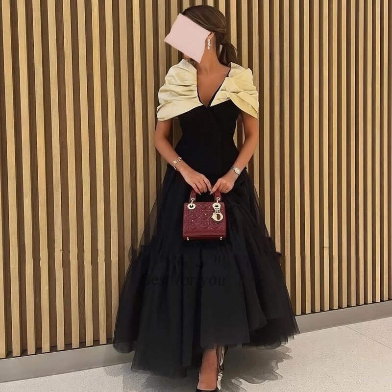 Schwarz schiere saudi-arabische Ballkleid formelle schulter freie Frauen Abendkleid knöchel langes Midi-Promi-Kleid 2024