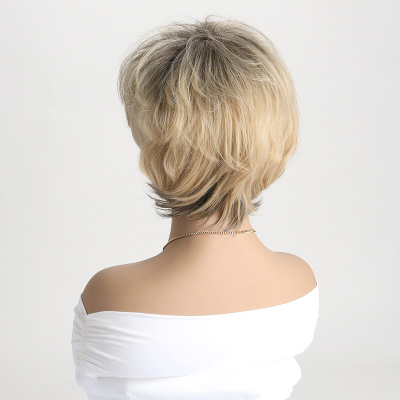 Syntetyczne krótkie proste blond peruki z fryzurą Pixie z grzywką Peruki z włosami dla kobiet do codziennego użytku Sztuczne włosy