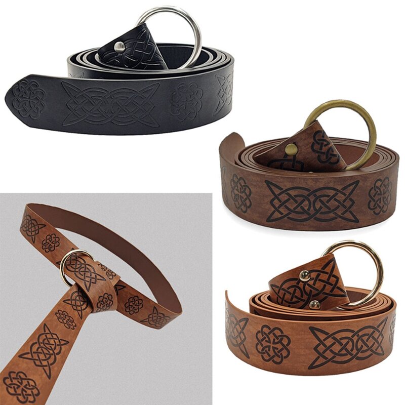Medieval Embossed Vegvisir PU Leather O Ring Belt Retro Buckles Belt Waistband for Men Black